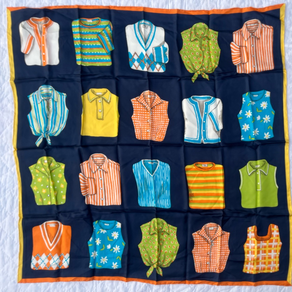 Talbots Navy Silk Scarf with Orange, Blue, Green & Yellow Accents